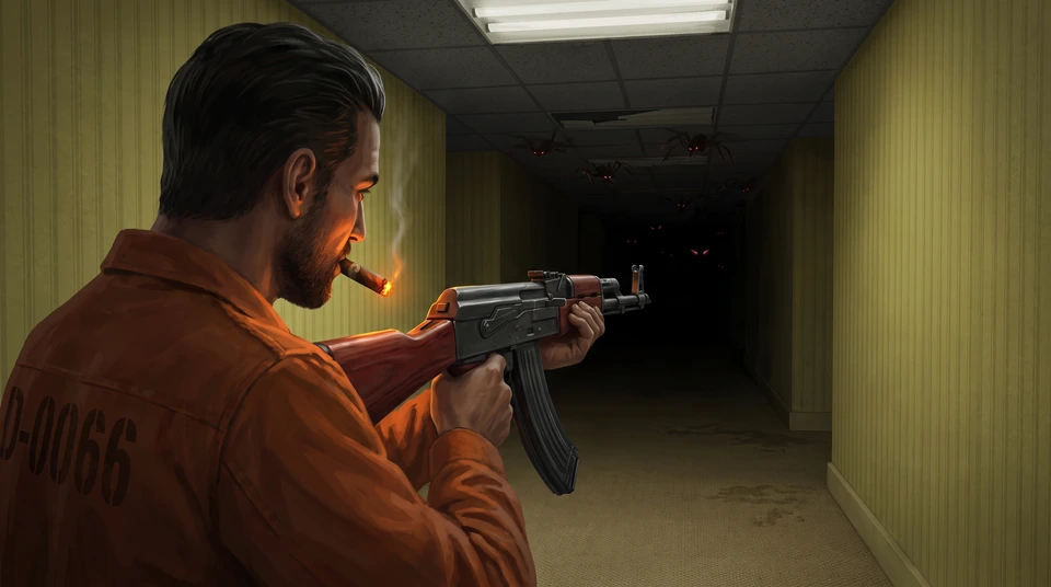 Painted concept art over his shoulder: D-0066 in an orange coverall, cigar lit, aims a rifle down a dim yellow corridor. Dark shapes with red eyes cling to the ceiling.