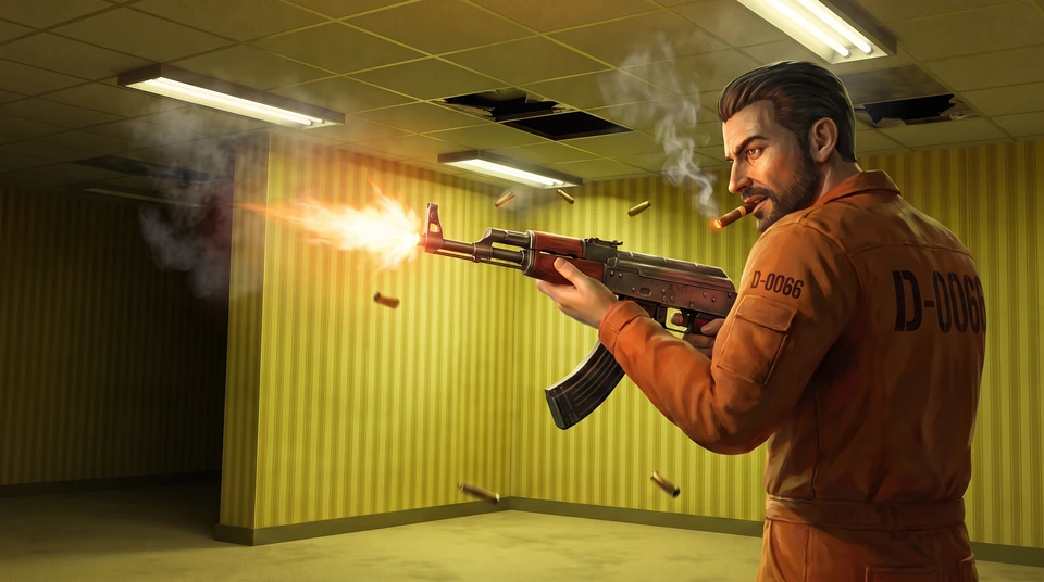 Painted concept art: D-0066 in an orange coverall fires a rifle across a yellow wallpapered room under fluorescent lights, casings flying, cigar smoke drifting.