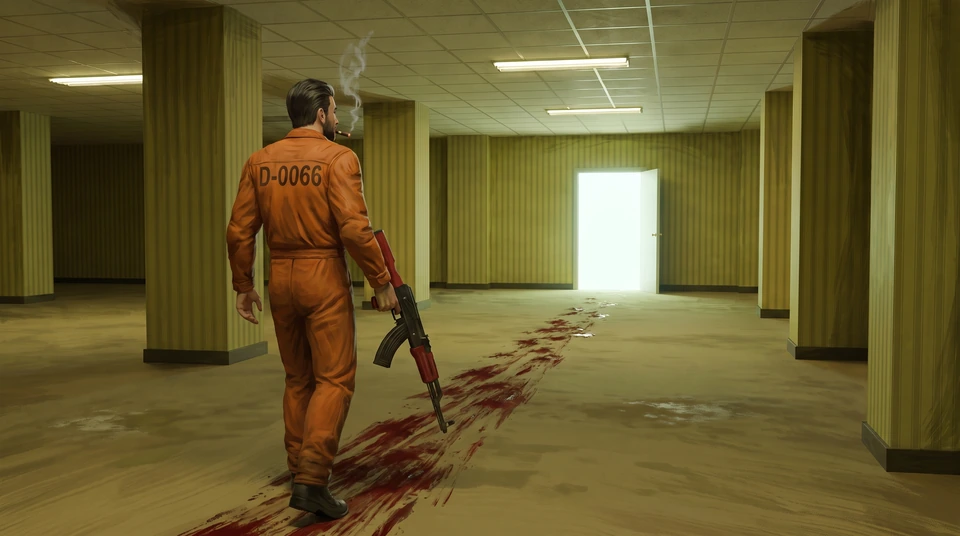 Painted concept art from behind: D-0066 in an orange coverall walks through a hall of striped pillars toward a bright open door, a rifle in one hand, along a blood trail.