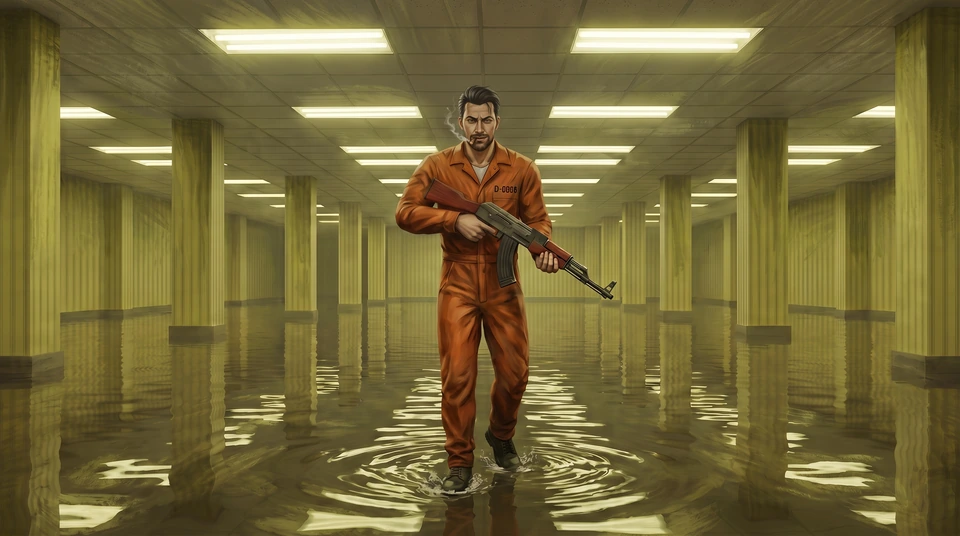 Painted concept art: D-0066 in an orange coverall wades toward the viewer through shallow water in a pillared hall under fluorescent lights, a rifle across his body.