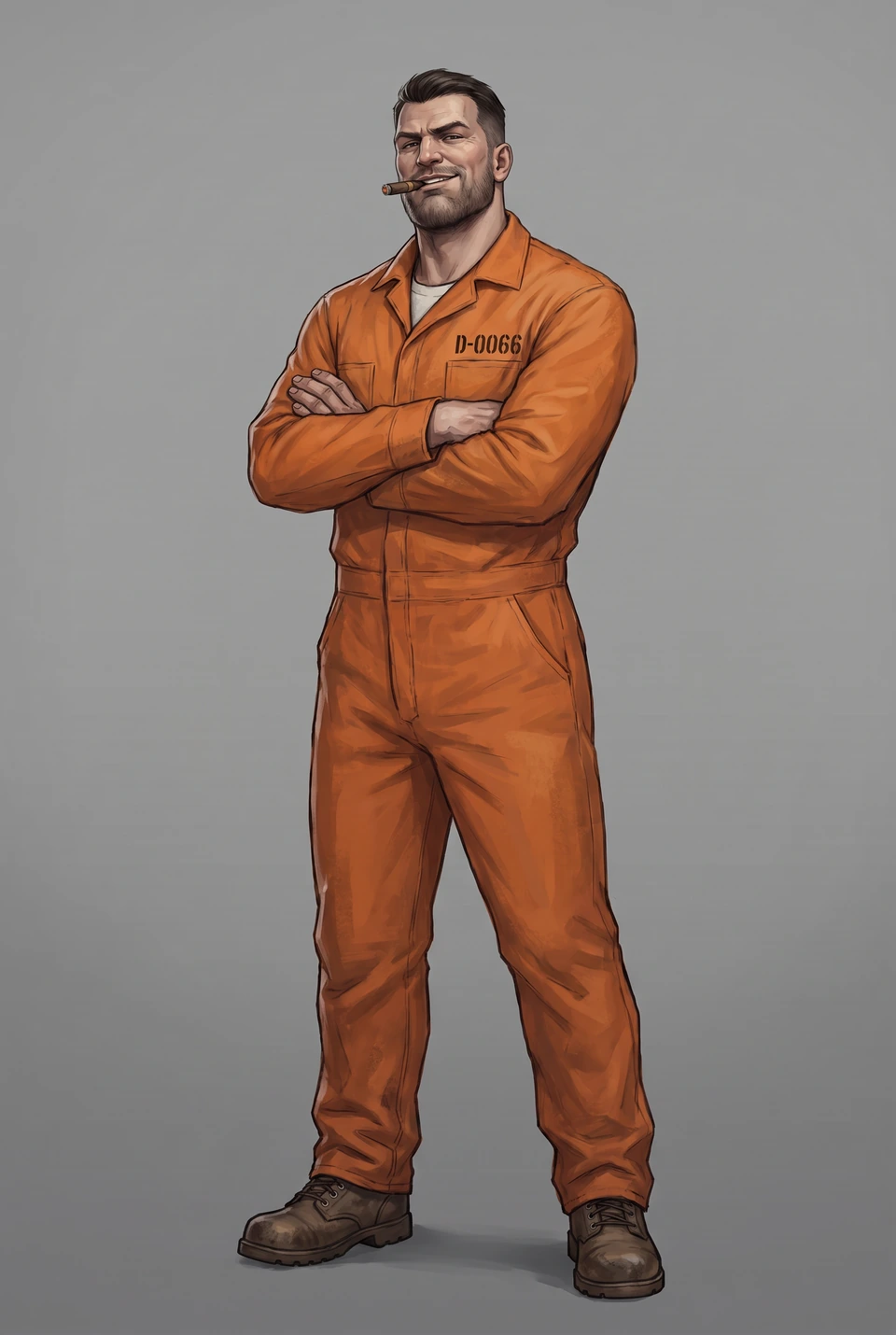 Painted full-body concept art on a grey background: D-0066 in an orange coverall with D-0066 on the chest pocket, arms crossed, a cigar in his smirk, brown work boots.