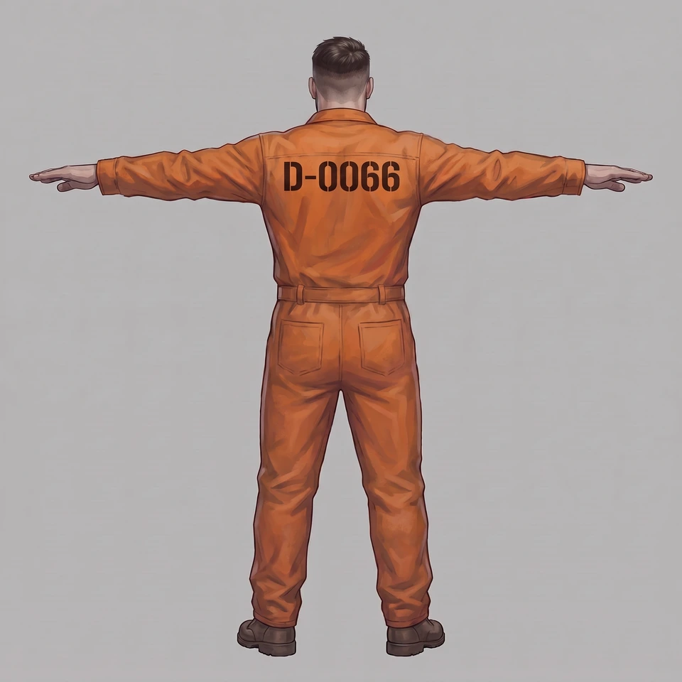 Painted turnaround view: D-0066 in a T-pose seen from behind, D-0066 stencilled large across the back of the orange coverall.