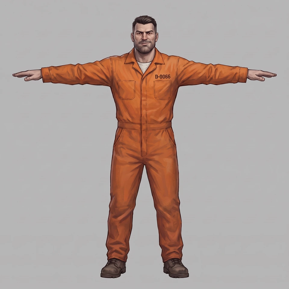 Painted turnaround sheet view: D-0066 in an orange coverall standing in a T-pose, seen from the front, on a grey background.