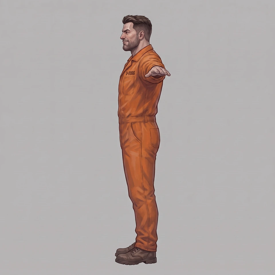 Painted turnaround view: D-0066 in an orange coverall in profile, facing left, one arm held out toward the viewer.