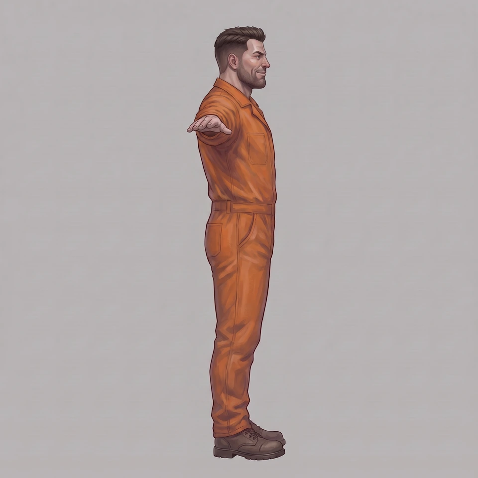 Painted turnaround view: D-0066 in an orange coverall in profile, facing right, one arm held out away from the viewer.